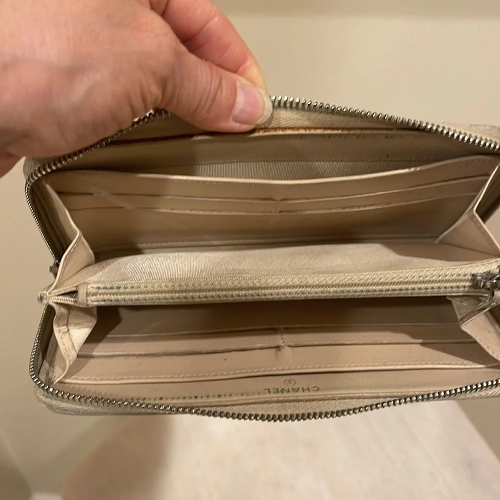 Chanel beige quilted lambskin zip around wallet